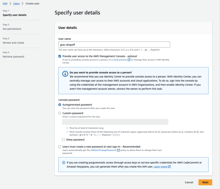 Example of AWS S3 credentials and bucket configuration for data transfer