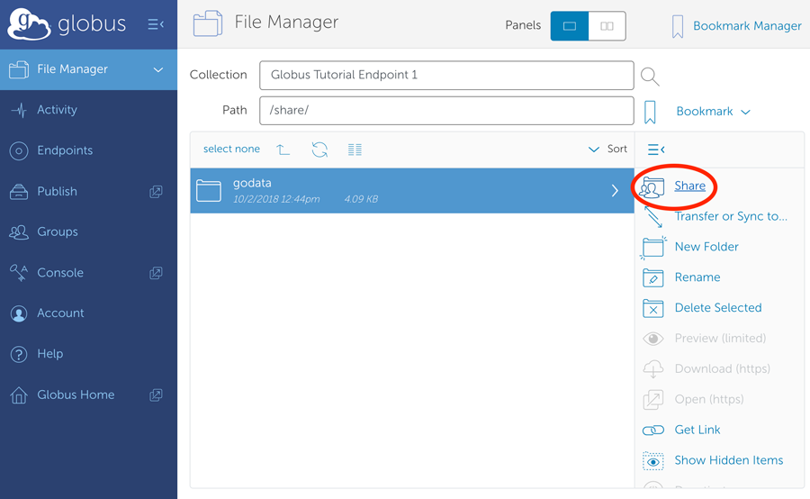 Example of sharing data in Globus